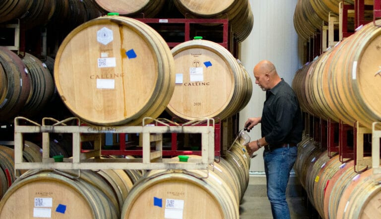 James MacPhail surrounded by barrels of The Calling's wines