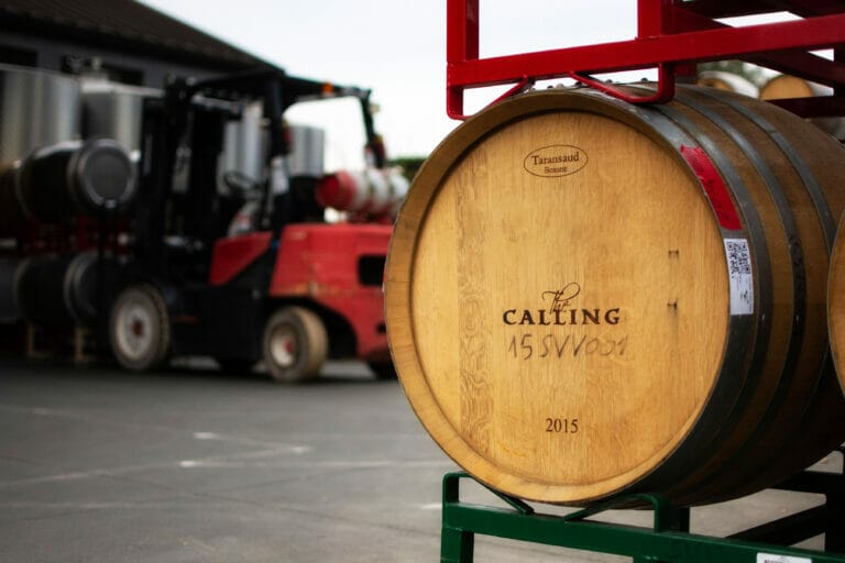Barrel of The Calling wine awaiting transport