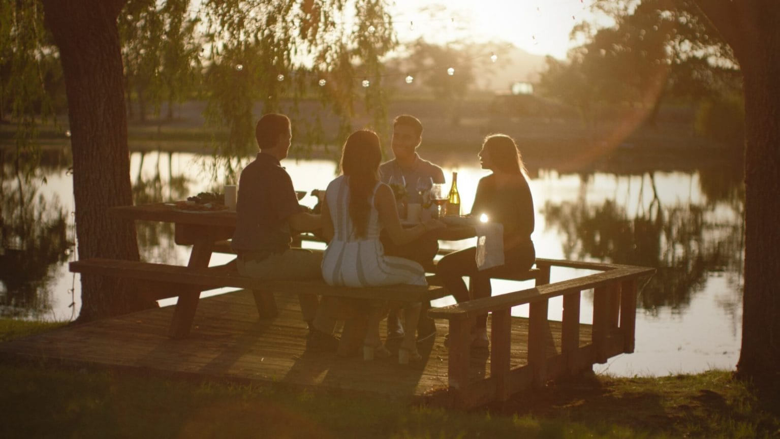 Group of friends drinking wine by the lake